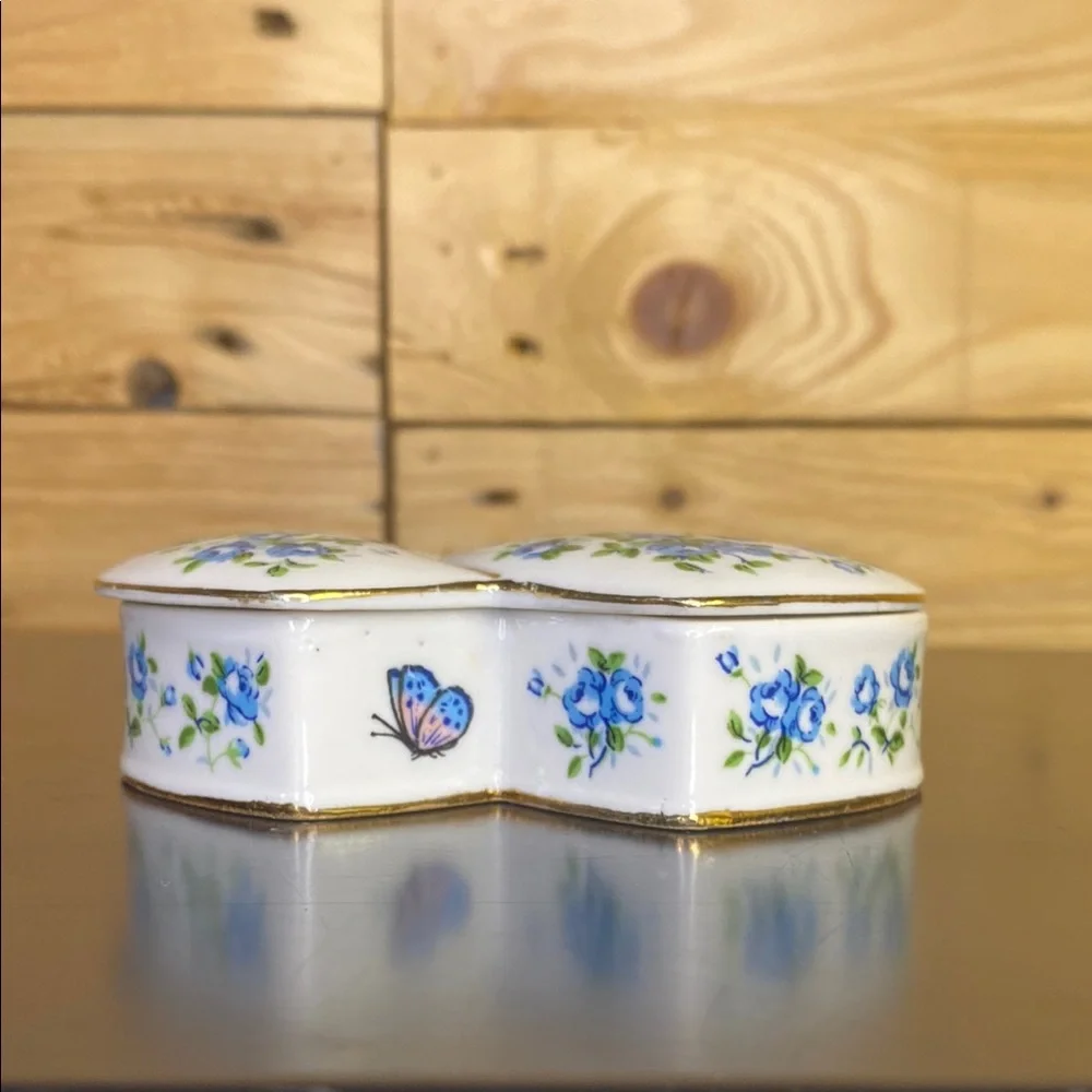Made in Japan ceramic hand painted heart shaped trinket box cottagecore ditsy